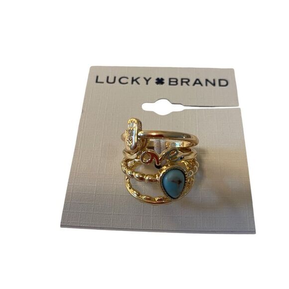 Turquoise Love Ring Stack in Bright Gold Tone.  Four Rings in Total. - Picture 4 of 5
